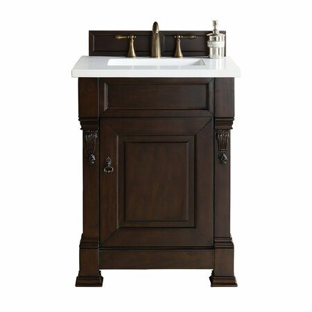 JAMES MARTIN VANITIES Brookfield 26in Single Vanity, Burnished Mahogany w/ 3 CM White Zeus Quartz Top 147-114-V26-BNM-3WZ